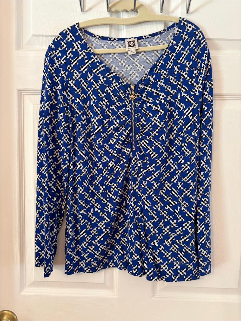 Anne Klein Royal Blue Geometric Zip-Front Long Sleeve Top
